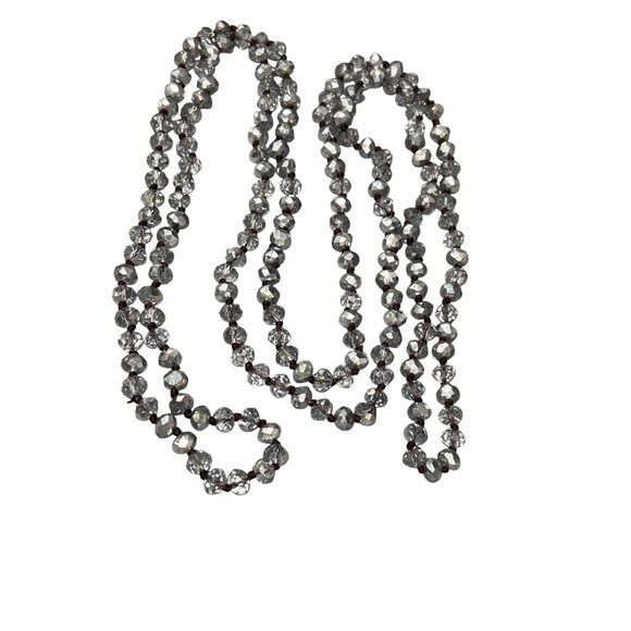 Long Strand Glass Faceted Bead Necklace Clear Silver Knotted 60" No Clasp - Picture 3 of 3